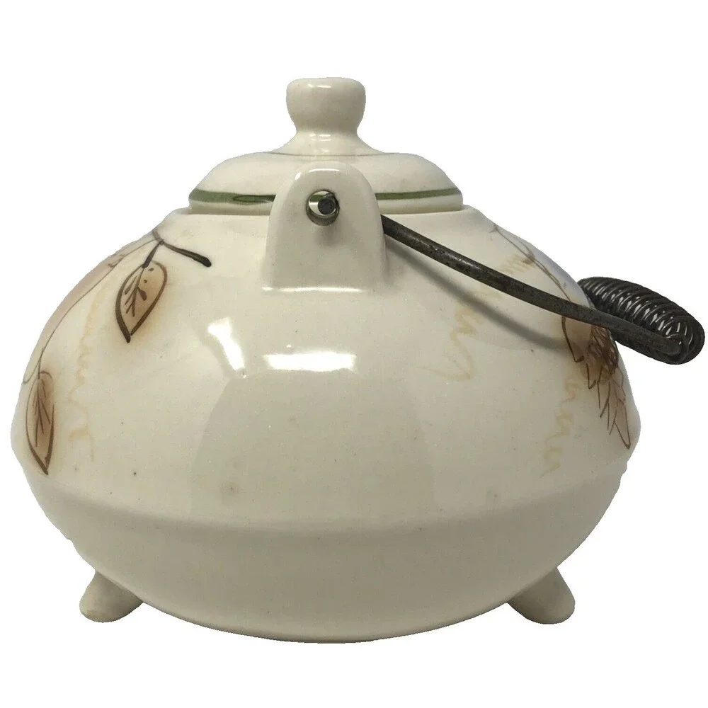 California Pottery Teapot Vintage 3 Toed Handpainted Fruit Metal Coil Handle USA